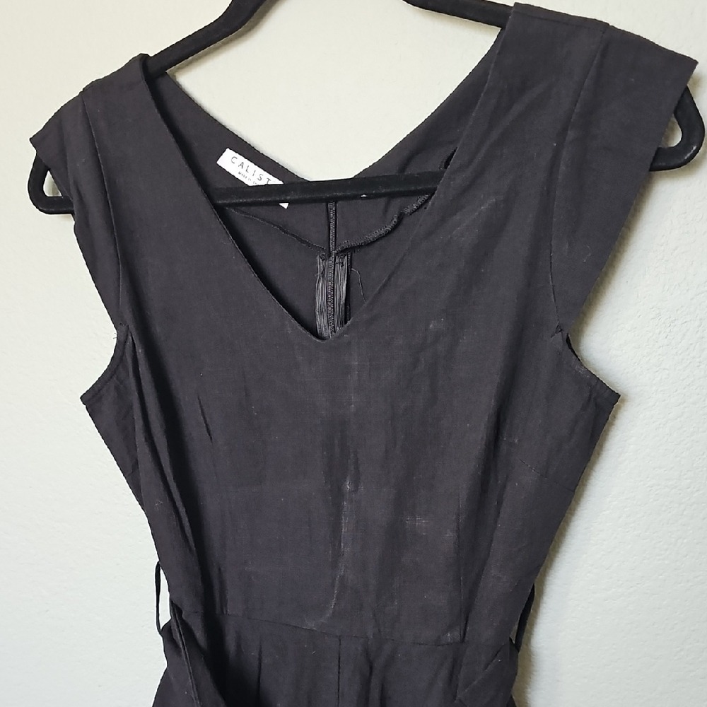 Calista V Neck Witchy Fall Belted Small Cotton Elegant Black Sleeveless Dress - Picture 3 of 11